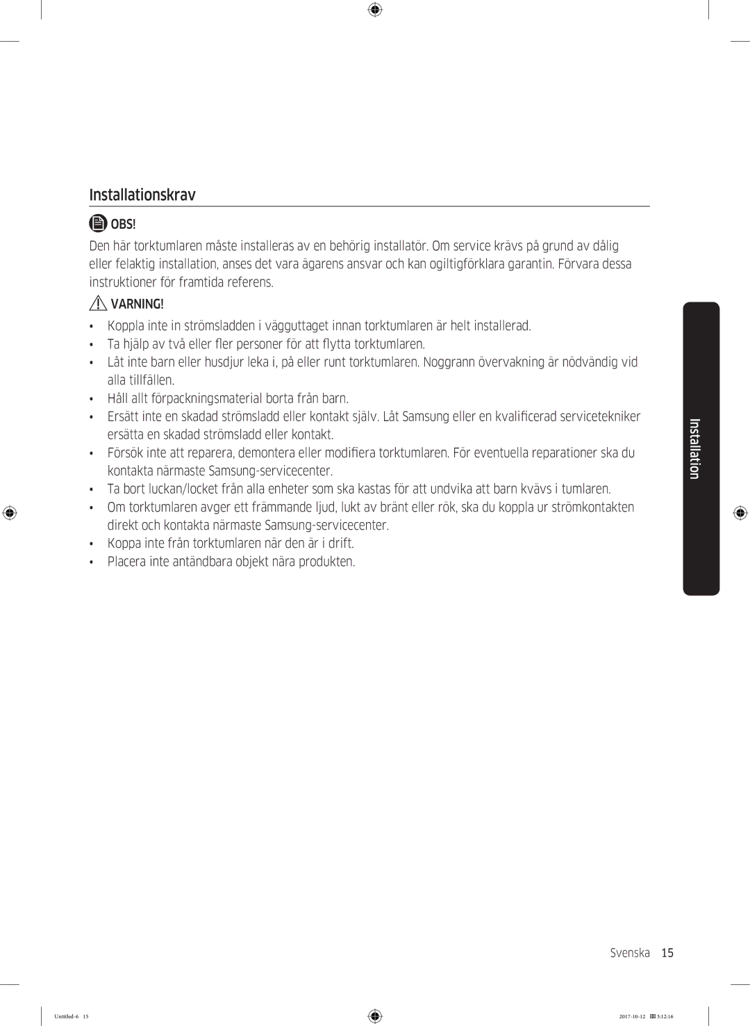 Samsung DV80M50102W/EE, DV80M50101W/EE, DV70M5020KW/EE, DV80M5010KW/EE, DV90M50003W/EE, DV80M52102W/EE manual Svenska 15  